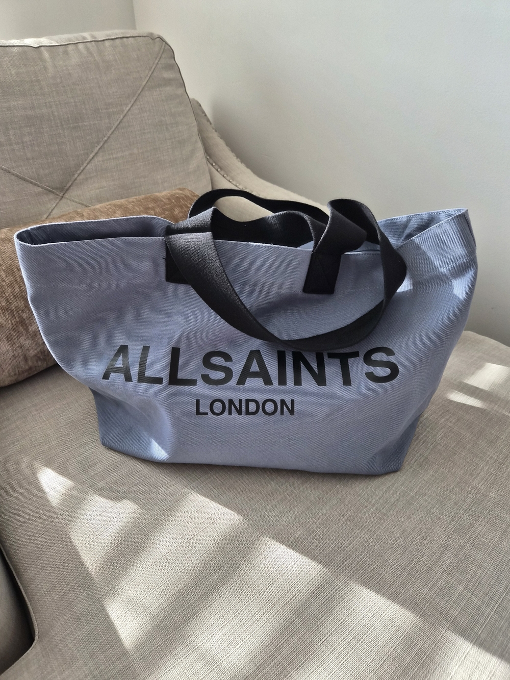 AllSaints Light Blue Canvas Tote with Black Leather Logo Patch